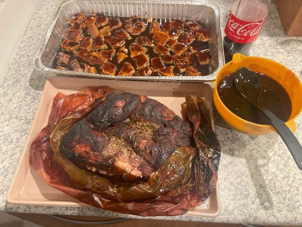 Pork Leg Rolls smoked to 90C, then cubed and sauced