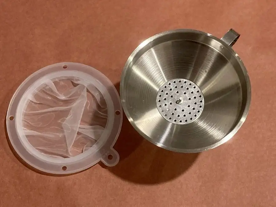 14.7cm Medium Stainless Steel Long Stem Funnel Set with 2 Strainer inserts, and carry handle.